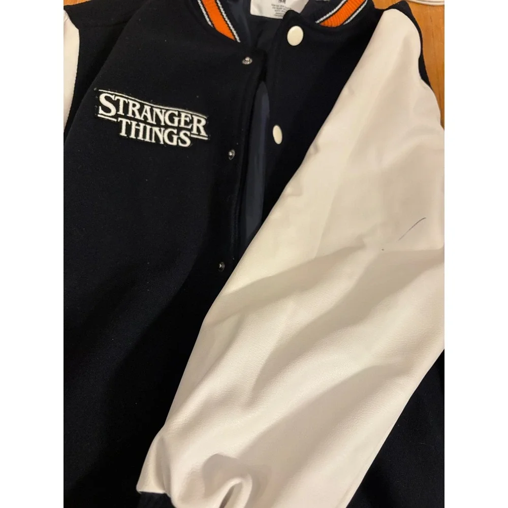 HM Stranger Things Hawkins High Varsity Jacket Navy Blue White Orange Large H